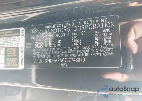 2020 Kia Sportage Lx z USA, uszkodzony, nr VIN KNDPM3AC7L7743070